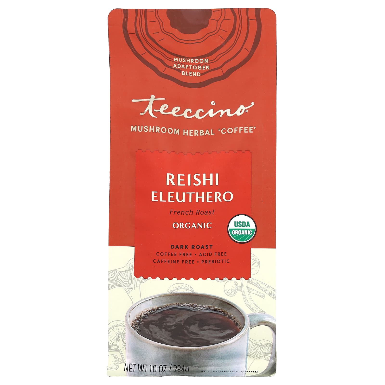 Teeccino, Mushroom Herbal Coffee, Reishi Eleuthero, Dark Roast, Caffeine Free, 10 oz (284 g) - B08KWMTCLS