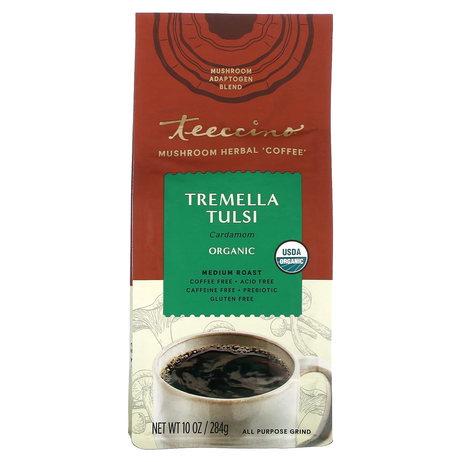 Teeccino, Organic Mushroom Herbal 'Coffee', Tremella Tulsi, Medium Roast, Caffeine Free, 10 oz (284 g) - B08KWM7NBL