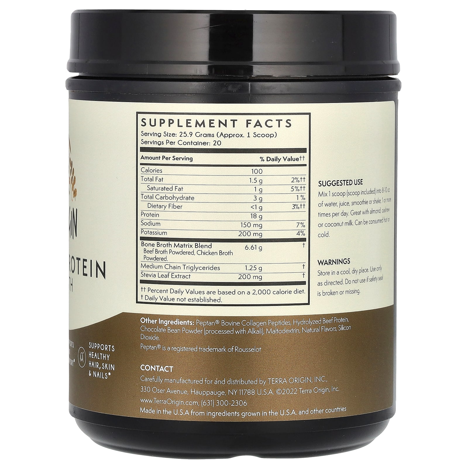 Terra Origin, Collagen + Protein Bone Broth, Chocolate, 18.27 oz (518 g) - B074F3NQK8