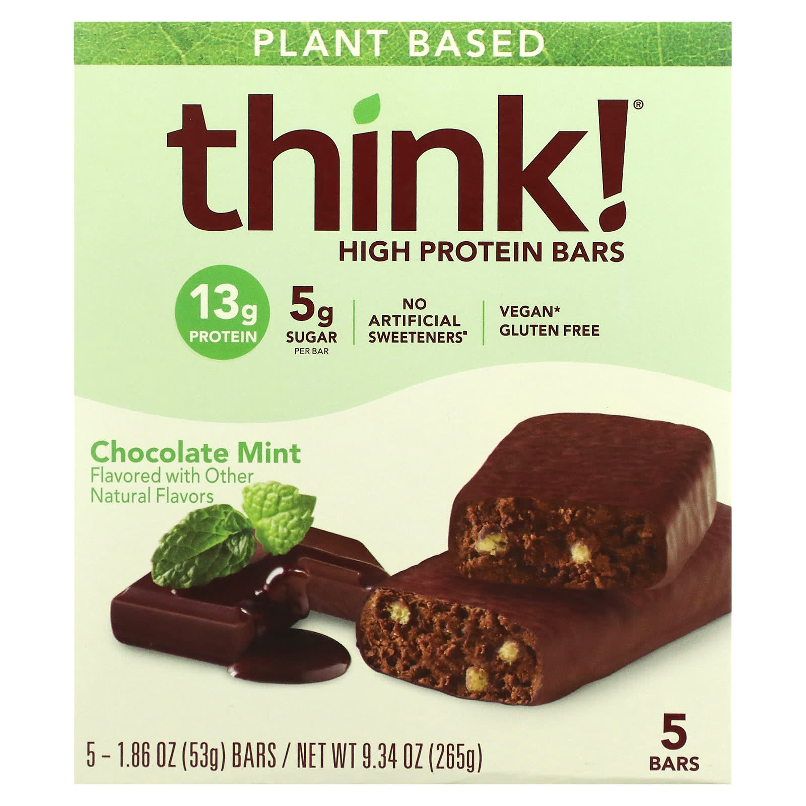 Think !, High Protein Bars, Chocolate Mint, 5 Bars, 1.86 oz (53 g) Each - B07C1S2595
