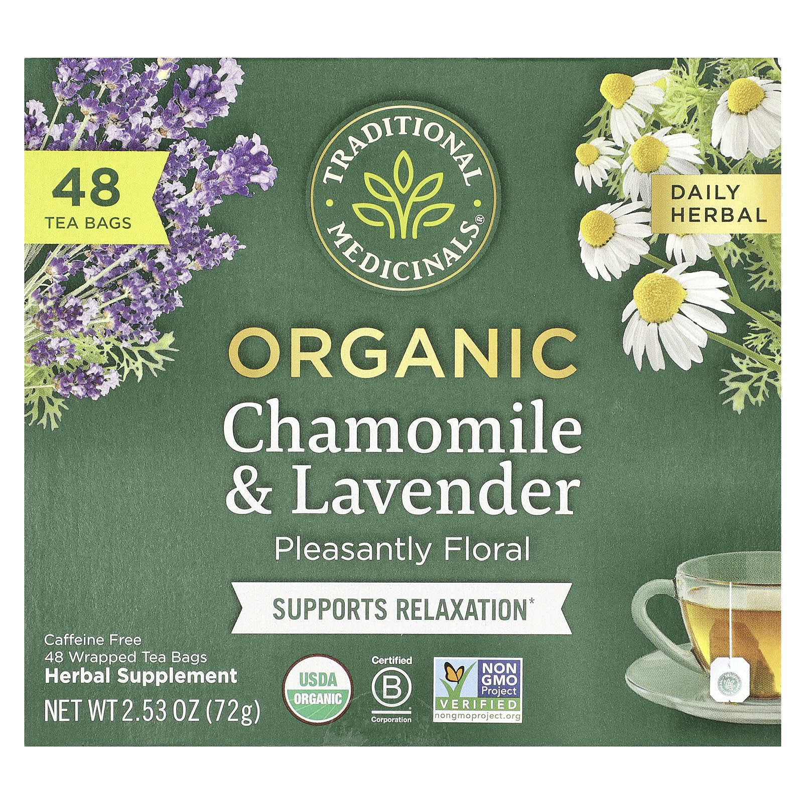 Traditional Medicinals, Herbal Tea, Organic Chamomile & Lavender, Caffeine Free, 48 Wrapped Tea Bags, 2.53 oz (72 g) - B0CWMZ47FV