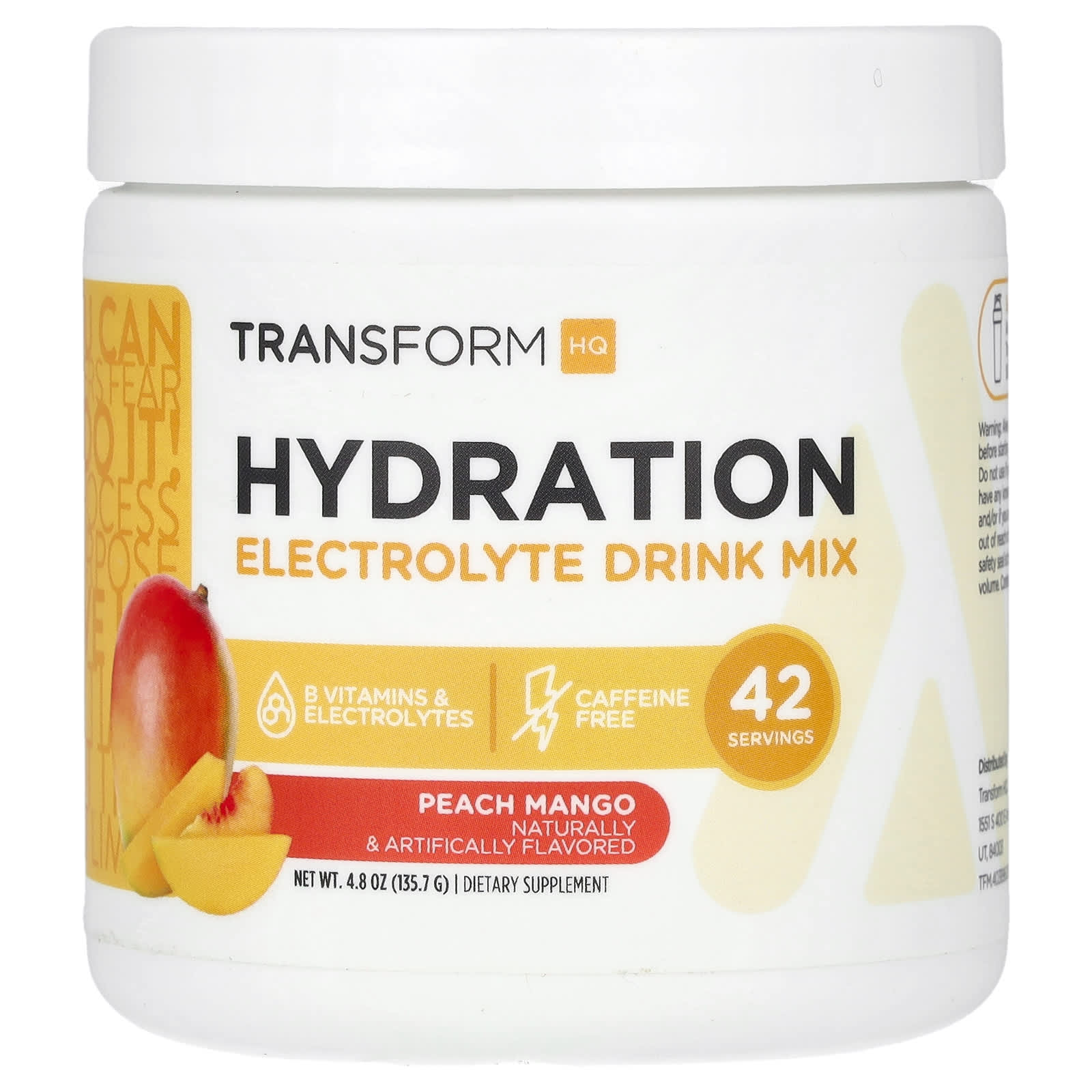 TransformHQ, Hydration, Electrolyte Drink Mix, Caffeine Free, Peach Mango, 4.8 oz (135.7 g) - B097FG6H4L
