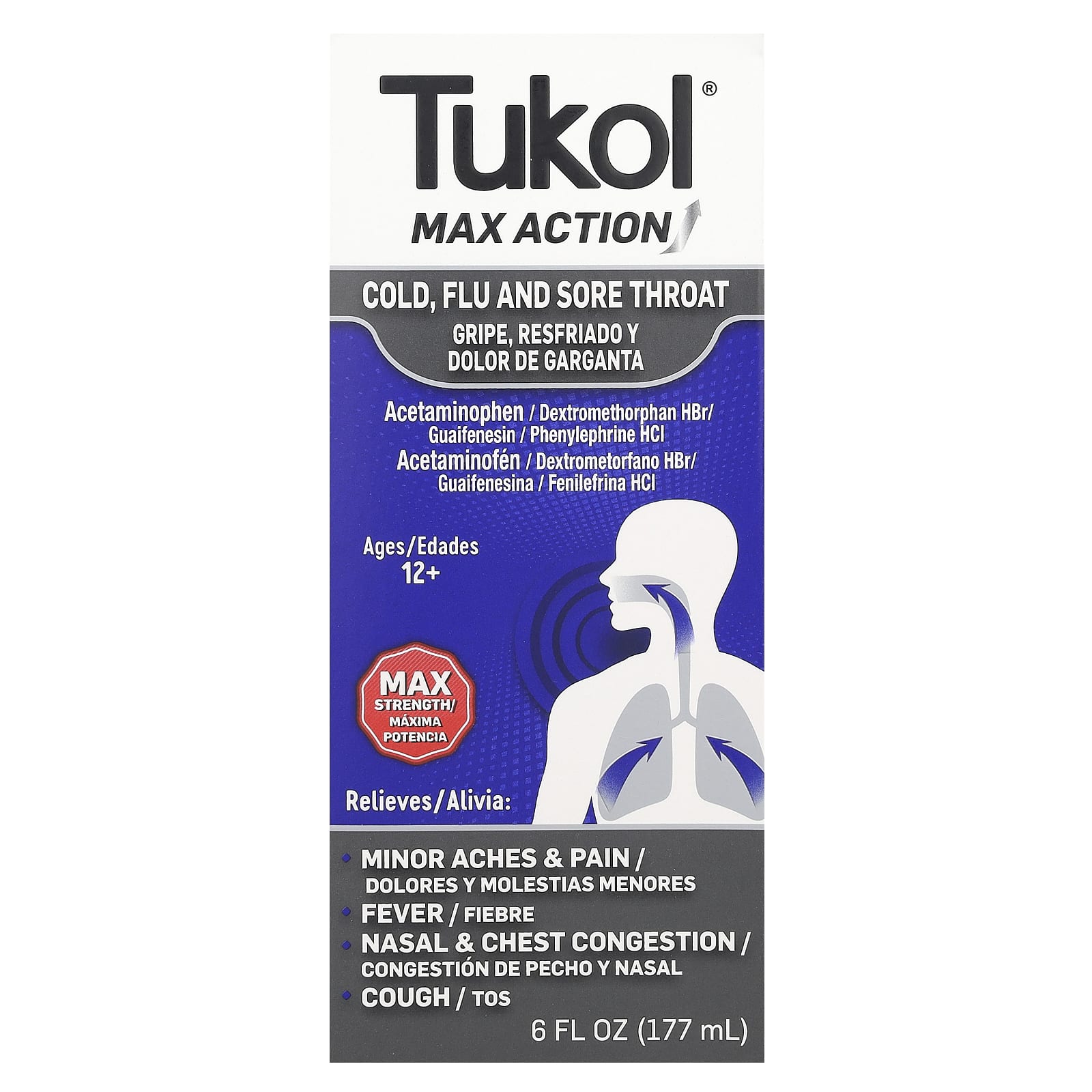 Tukol, Max Action, Cold, Flu and Sore Throat, Ages 12+, 6 fl oz (177 ml) - B06XC5MDWN