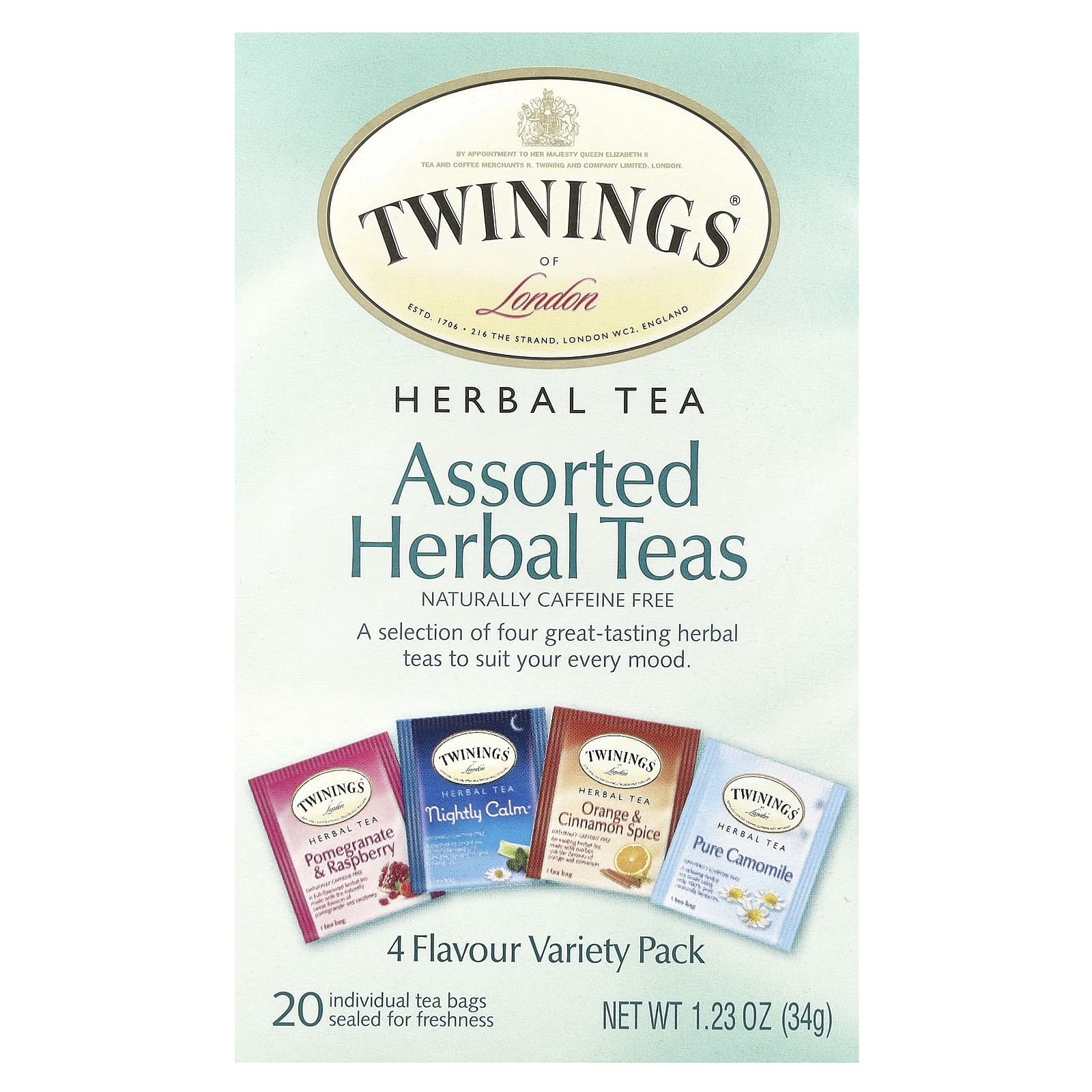 Twinings, Assorted Herbal Teas, Variety Pack, Caffeine Free, 20 Tea Bags, 1.23 oz (34 g) - B008069ZU2