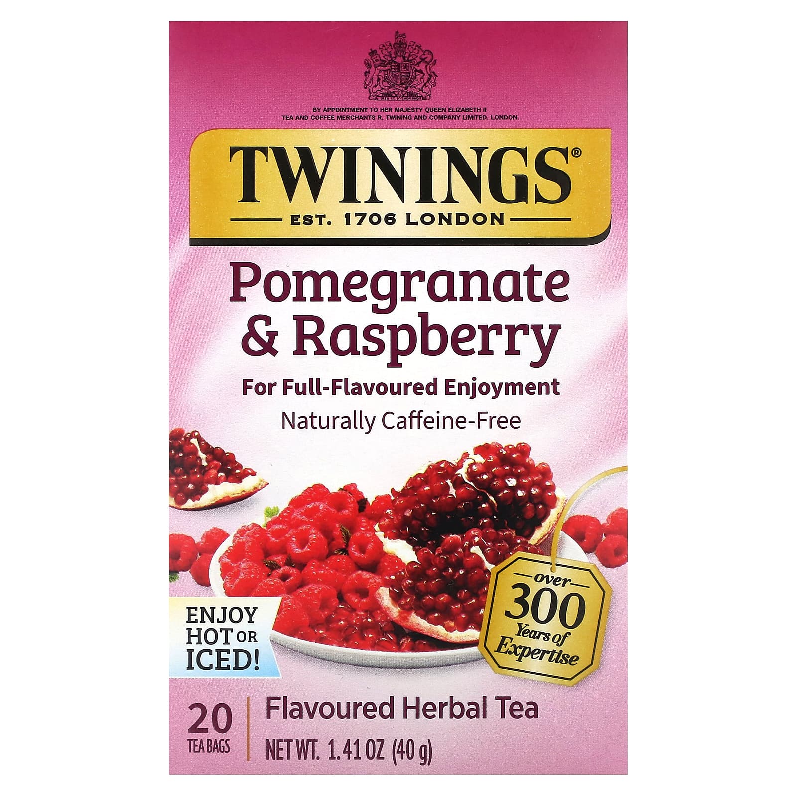 Twinings, Flavored Herbal Tea, Pomegranate & Raspberry, Caffeine Free, 20 Tea Bags, 1.41 oz (40 g) - B009H0SQDC