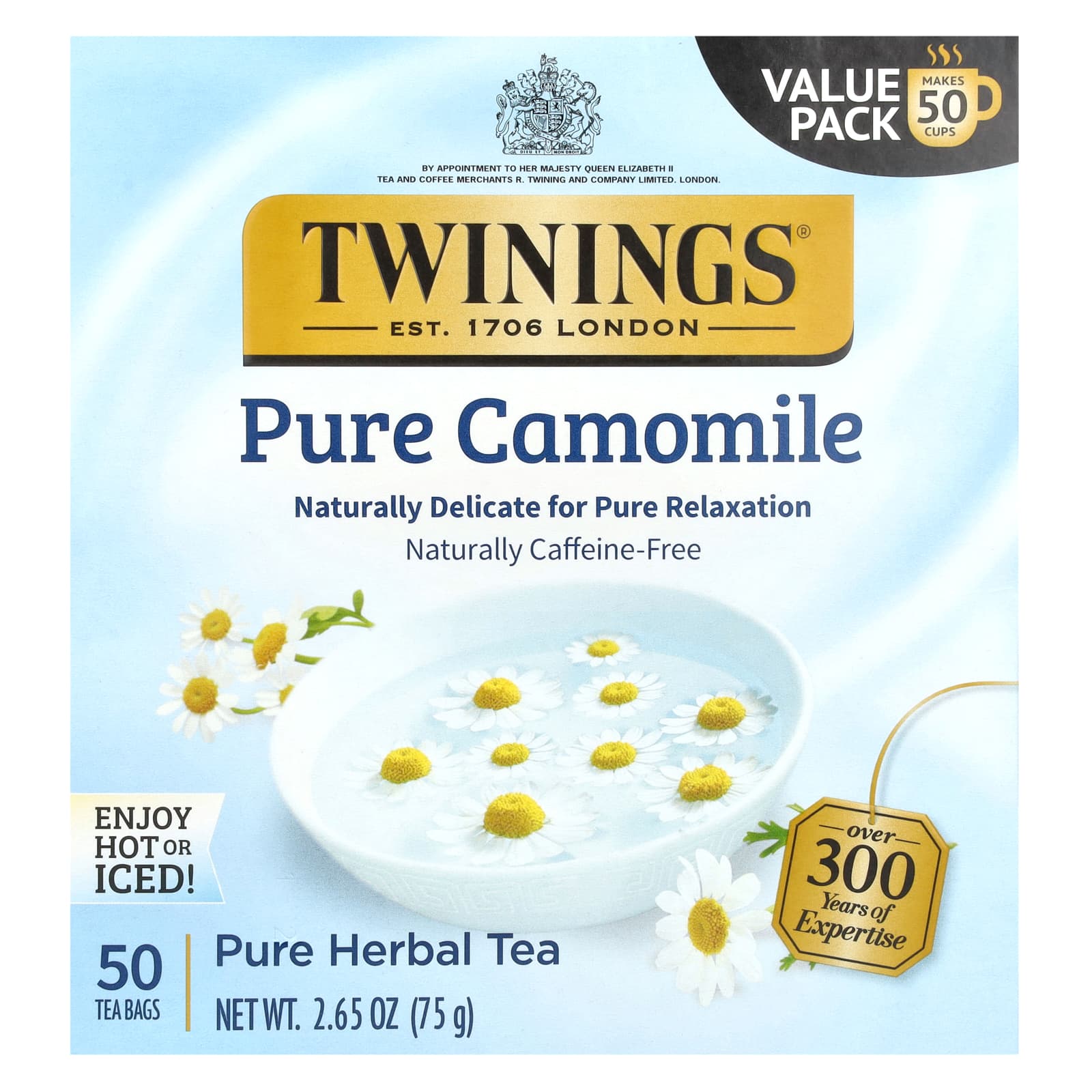Twinings, Pure Herbal Tea, Pure Camomile, Caffeine Free, 50 Tea Bags, 2.65 oz (75 g) - B079Y6C5C2