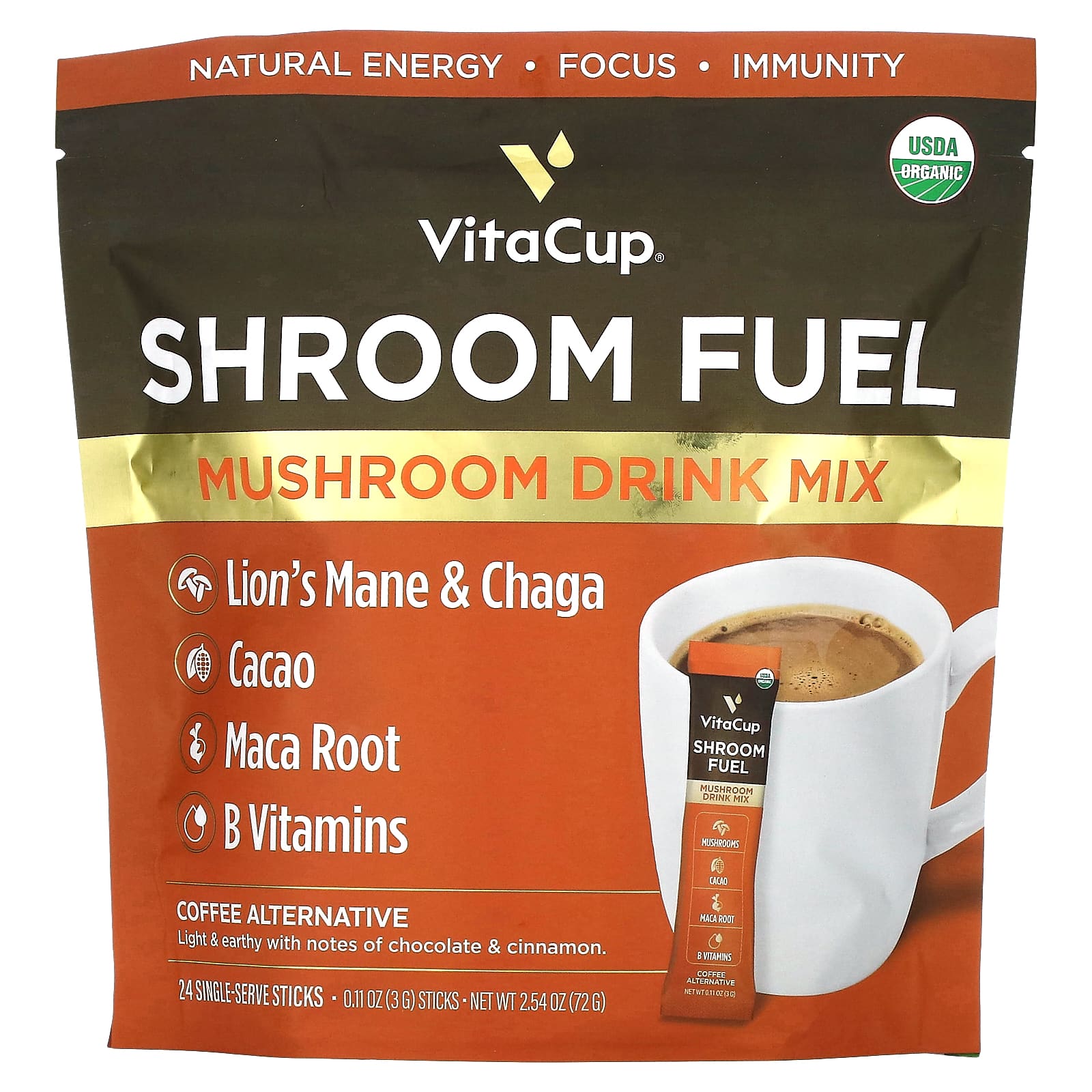VitaCup, Shroom Fuel, Mushroom Drink Mix, 24 Single-Serve Sticks, 0.11 oz (3 g) Each - B0BSN33RLG