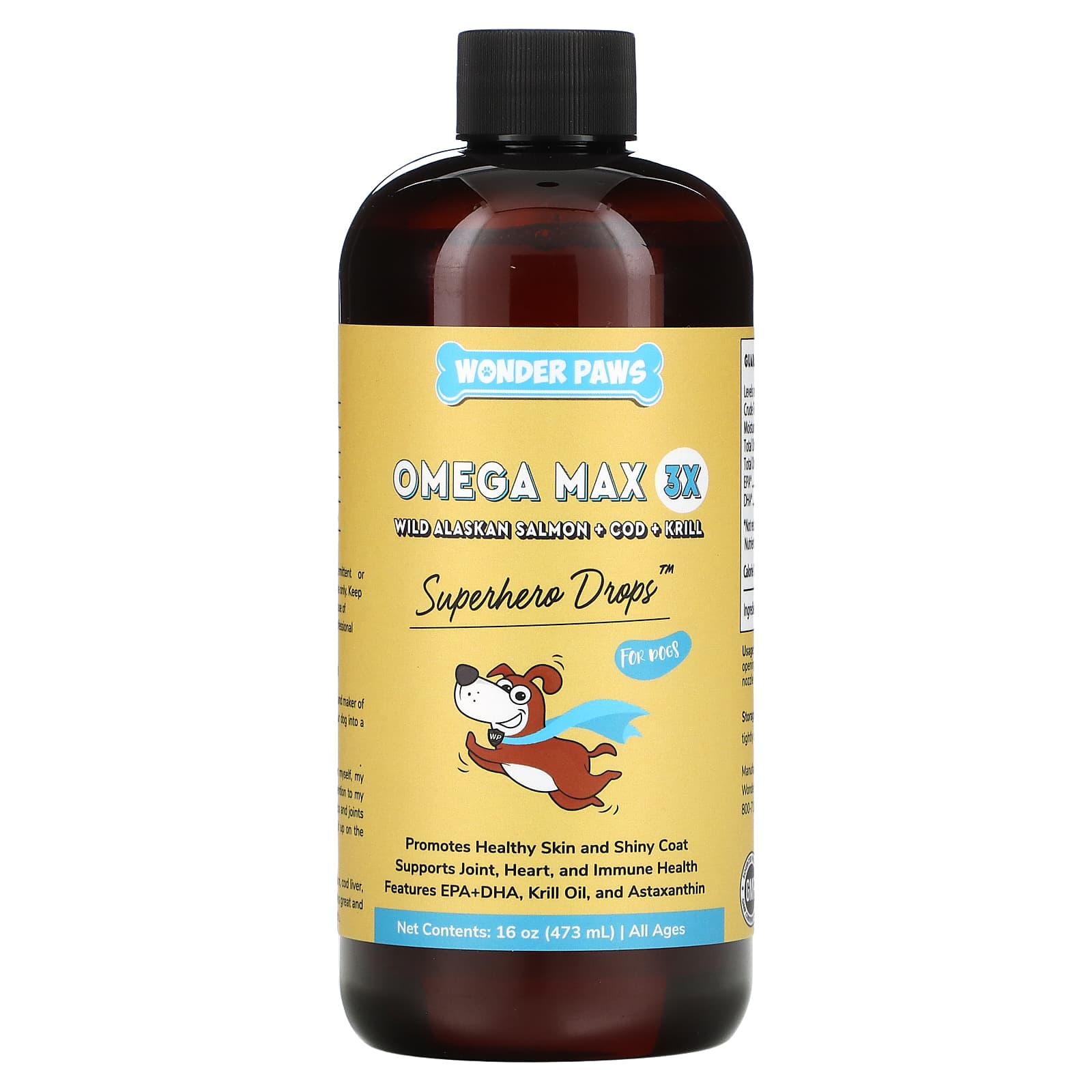 Wonder Paws, Superhero Drops for Dogs, Omega Max 3X, Wild Alaskan Salmon + Cod + Krill, All Ages, 16 oz (473 ml) - B08S7L2S1G
